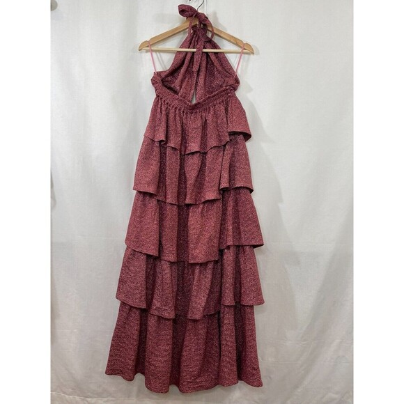 Pink Maroon Dress Women Medium Maxi Tiered Ruffle Glitter Mauve Feminine Halter - Picture 7 of 12